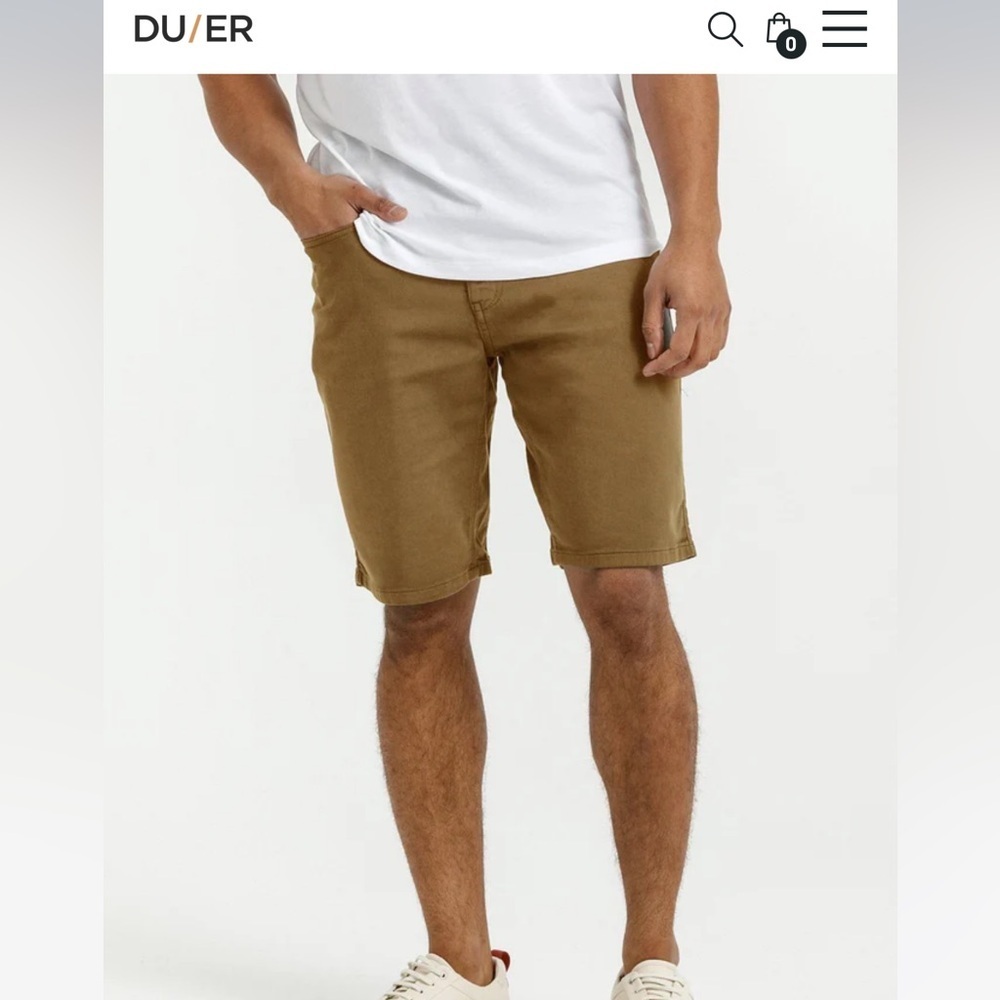 NWT DU/ER Mens The no sweat pant shorts 30x10 Tabacco/slim fit
